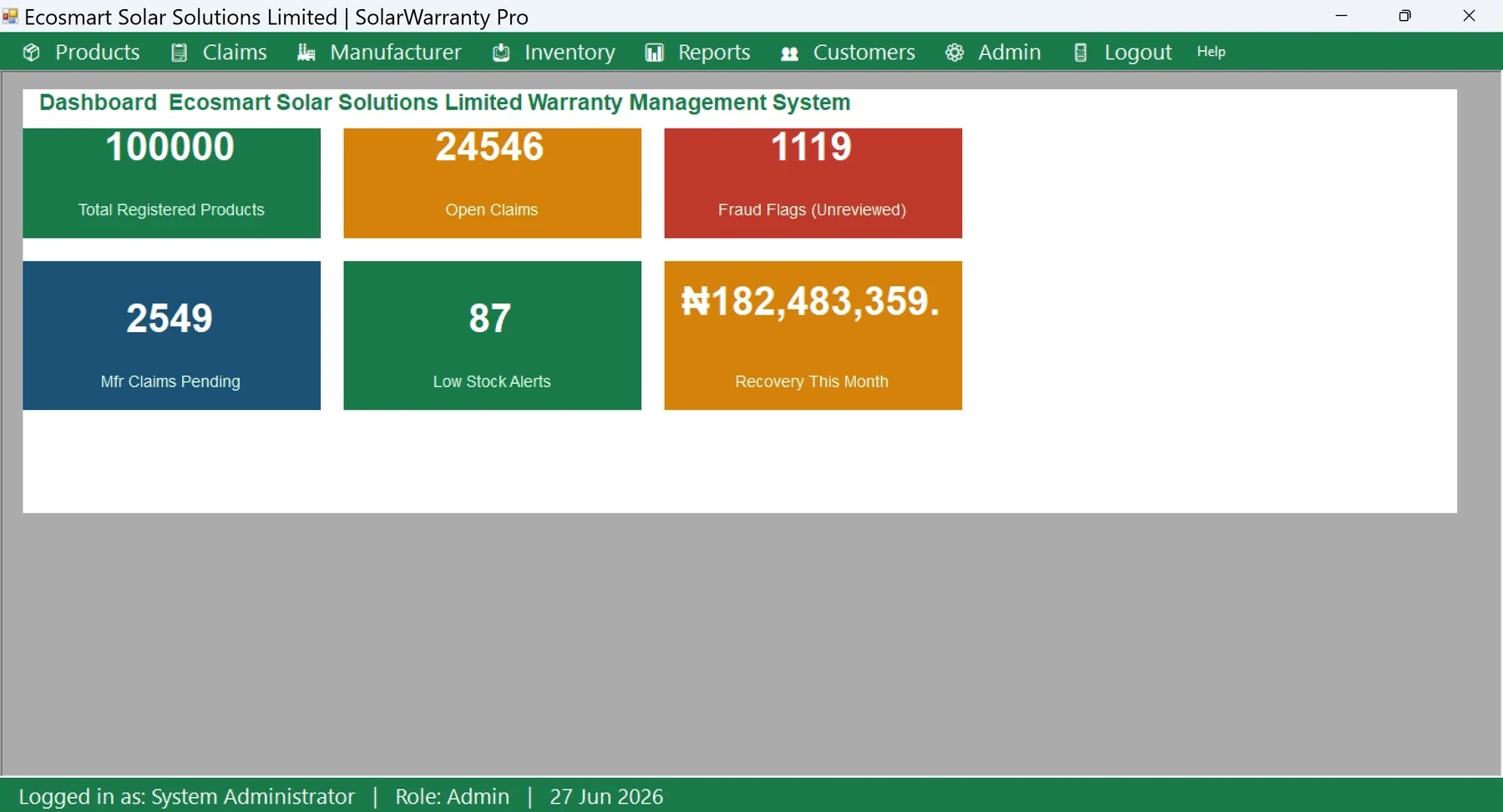SolarWarranty Pro dashboard showing 100,000 registered products and 24,546 open claims