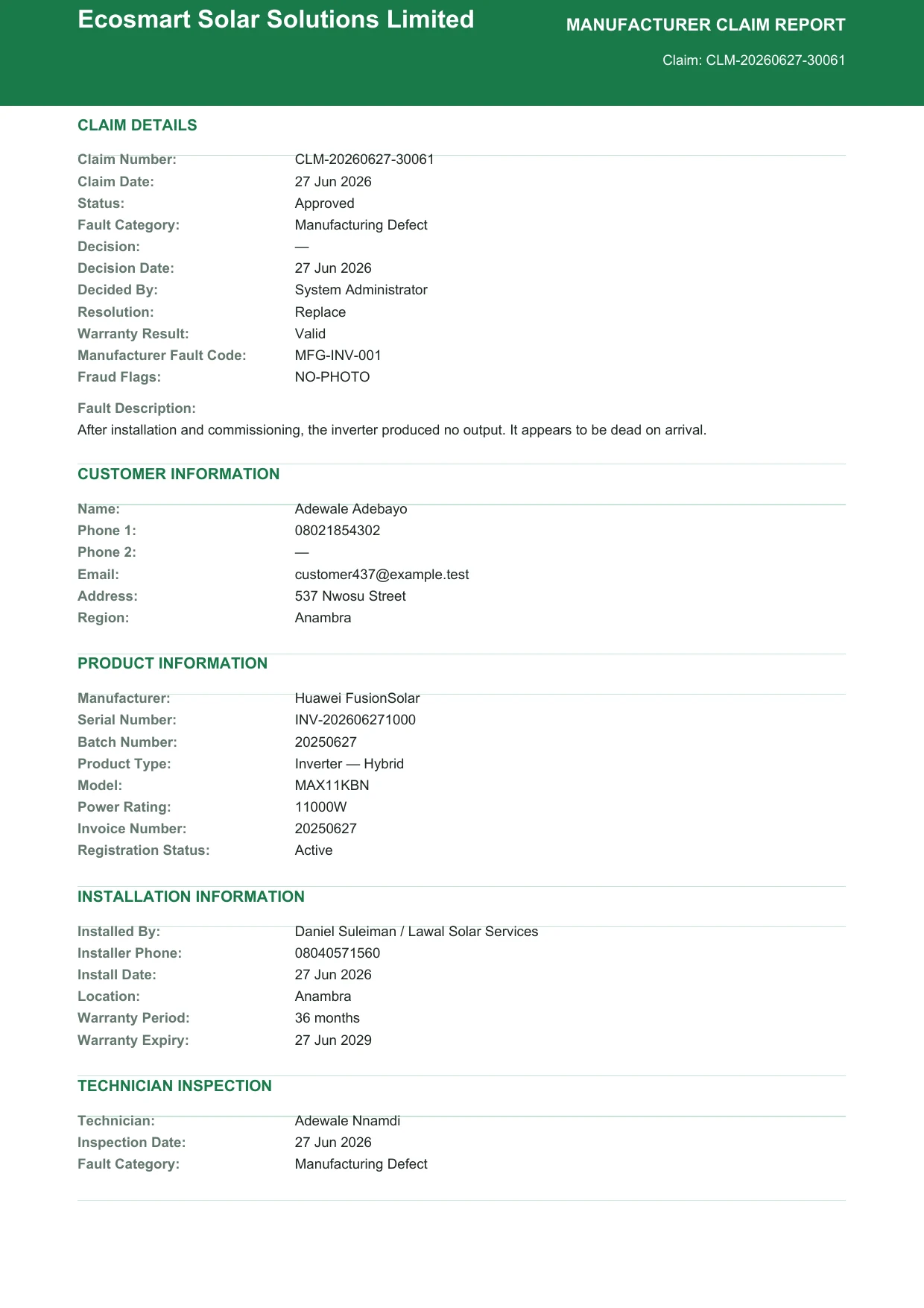 SolarWarranty Pro manufacturer claim report PDF