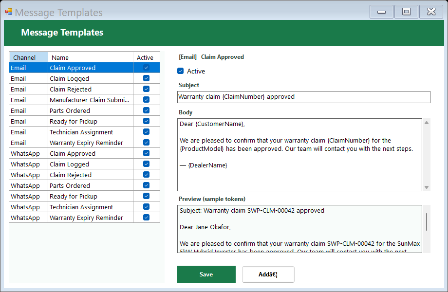 SolarWarranty Pro message templates