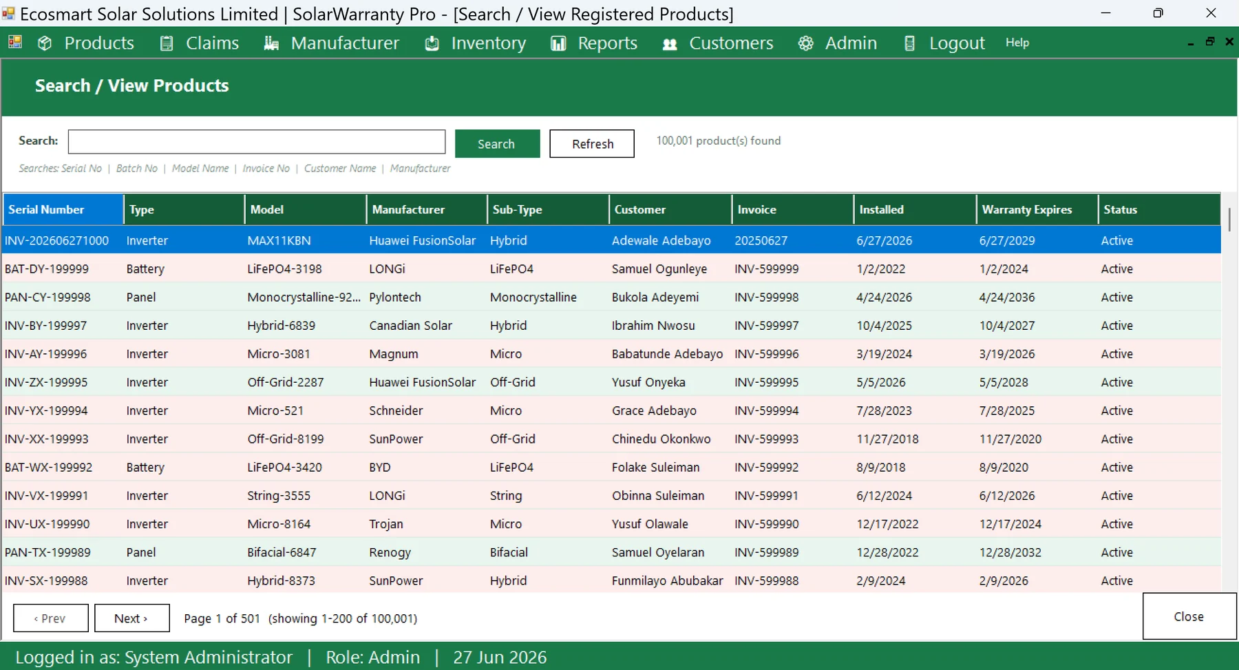 SolarWarranty Pro product search in a large dataset