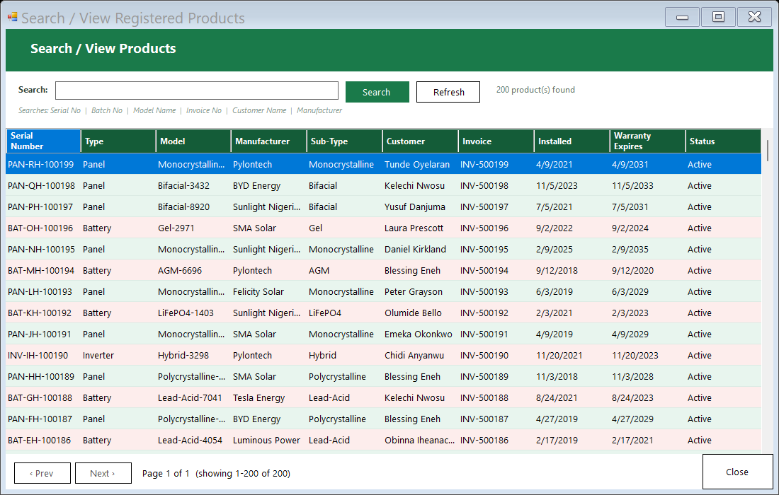 SolarWarranty Pro registered products screen
