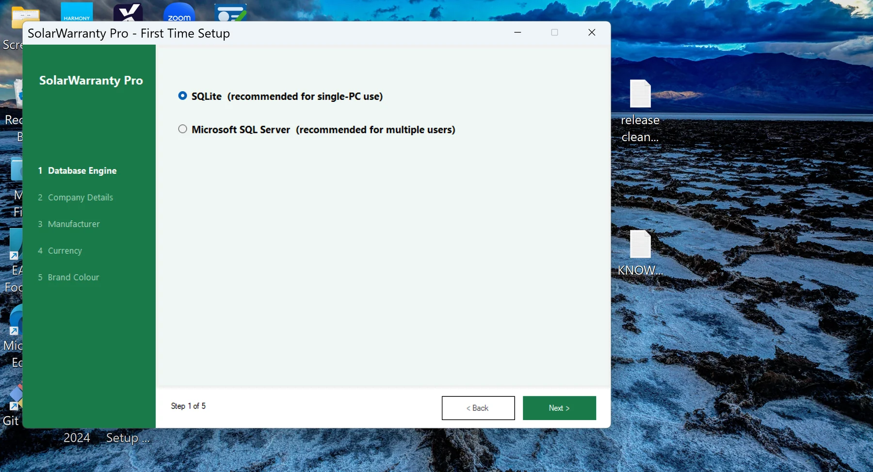 SolarWarranty Pro setup wizard showing SQLite database selection