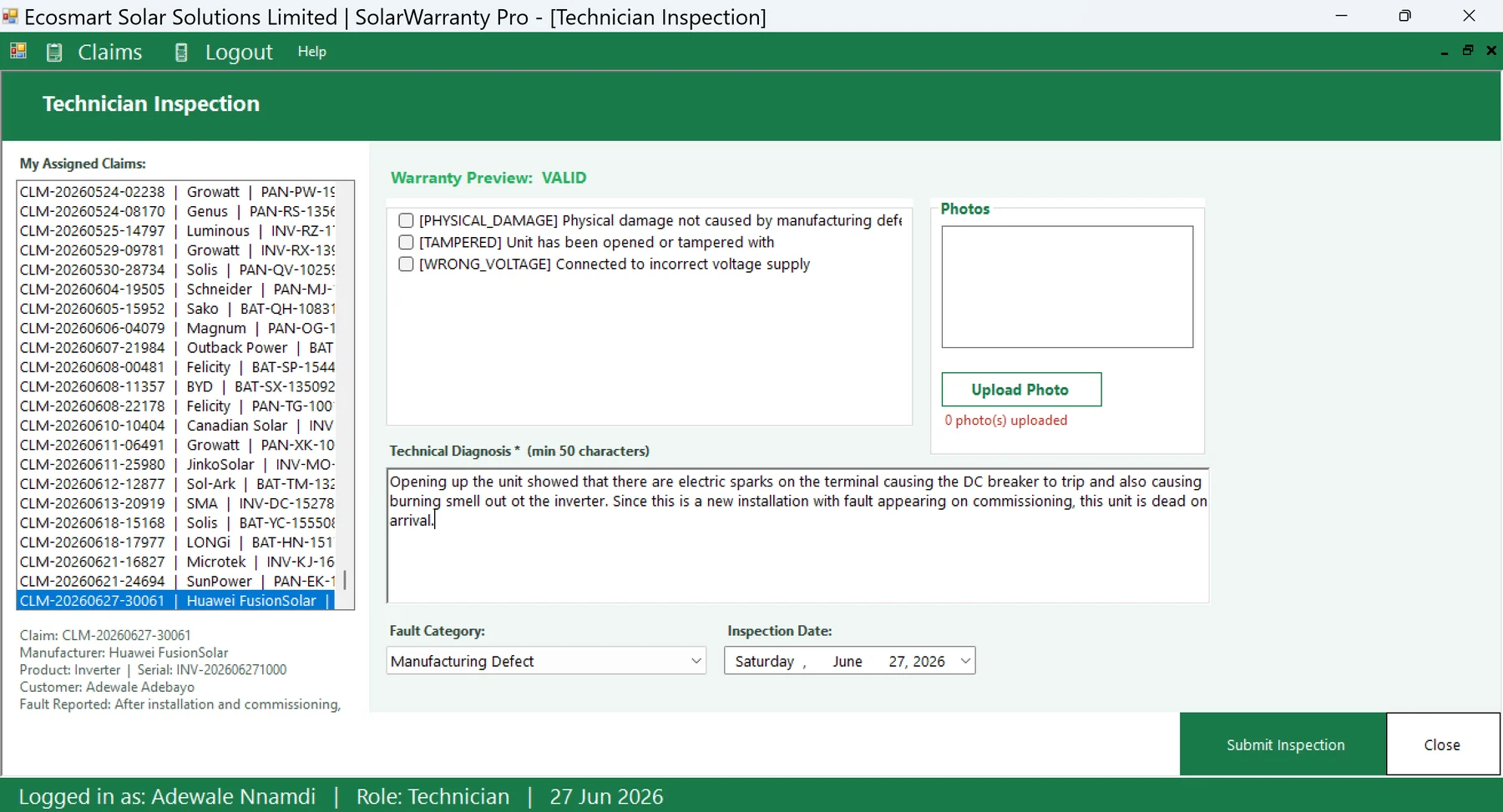 SolarWarranty Pro technician inspection screen